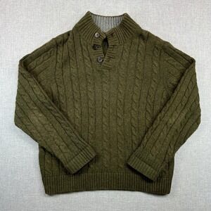 Lands' End Cable Knit Mock Neck Fisherman Sweater Men L Green Wool Blend Button